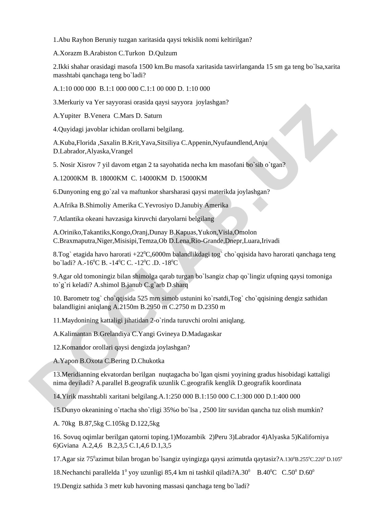 Geografiya fanidan test savollari