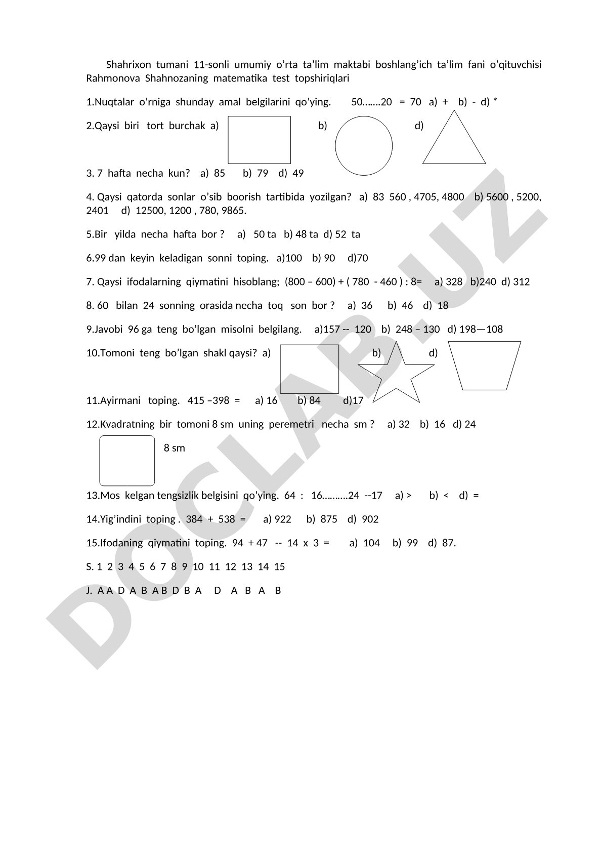Matematika test topshiriqlari
