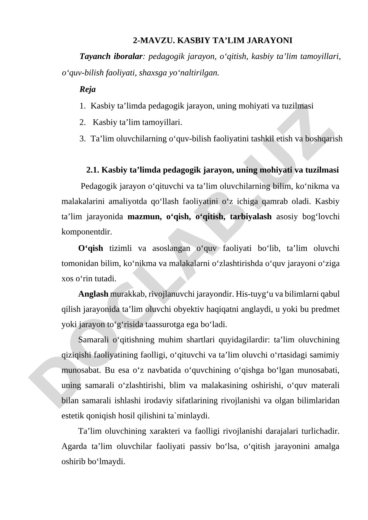 Kasbiy ta’limda pedagogik jarayon, uning mohiyati, tuzilmasi va tamoyillari yoritilgan