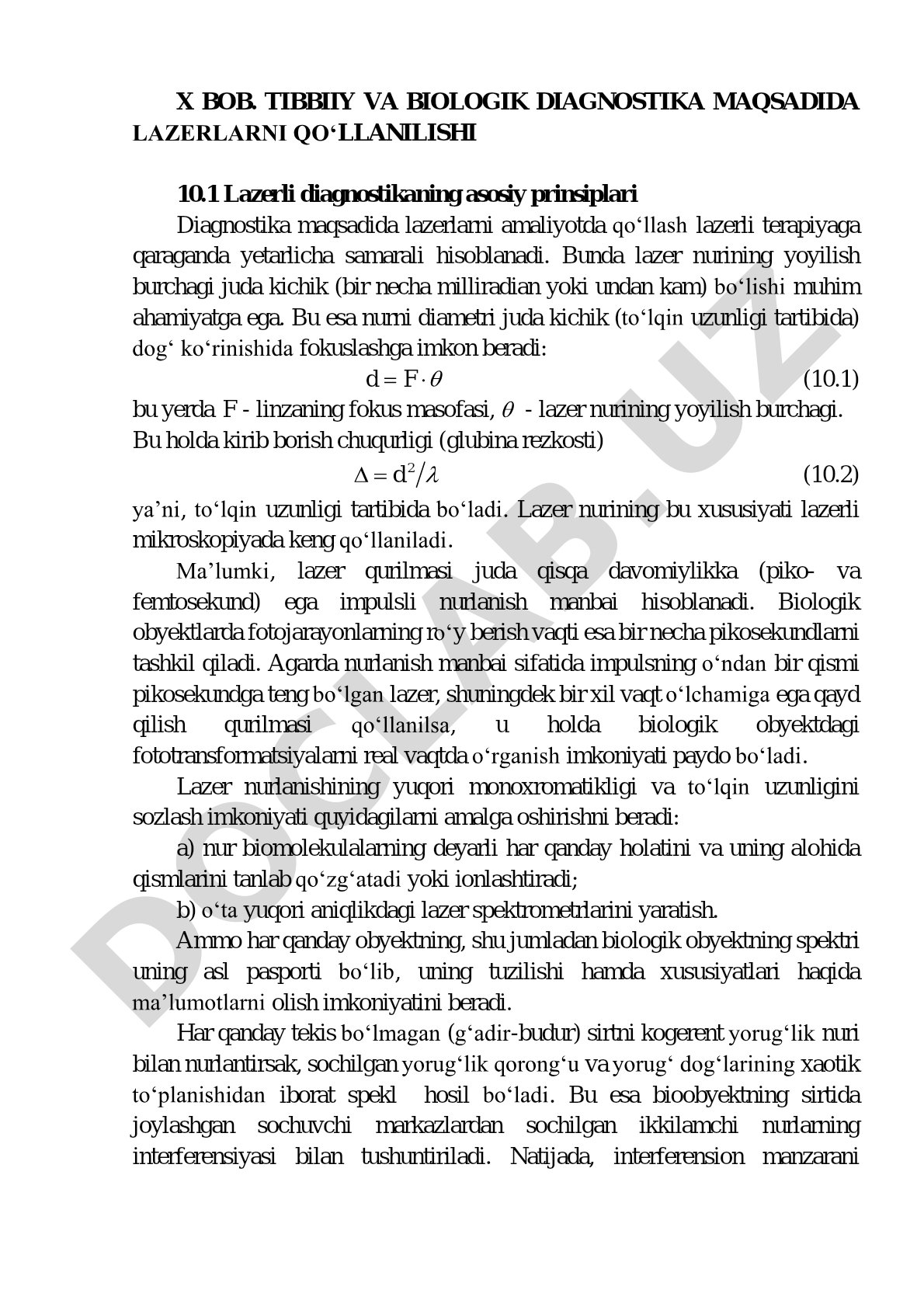 X bob. tibbiy va biologik diagnostika maqsadida lazerlarni qo‘llanilishi