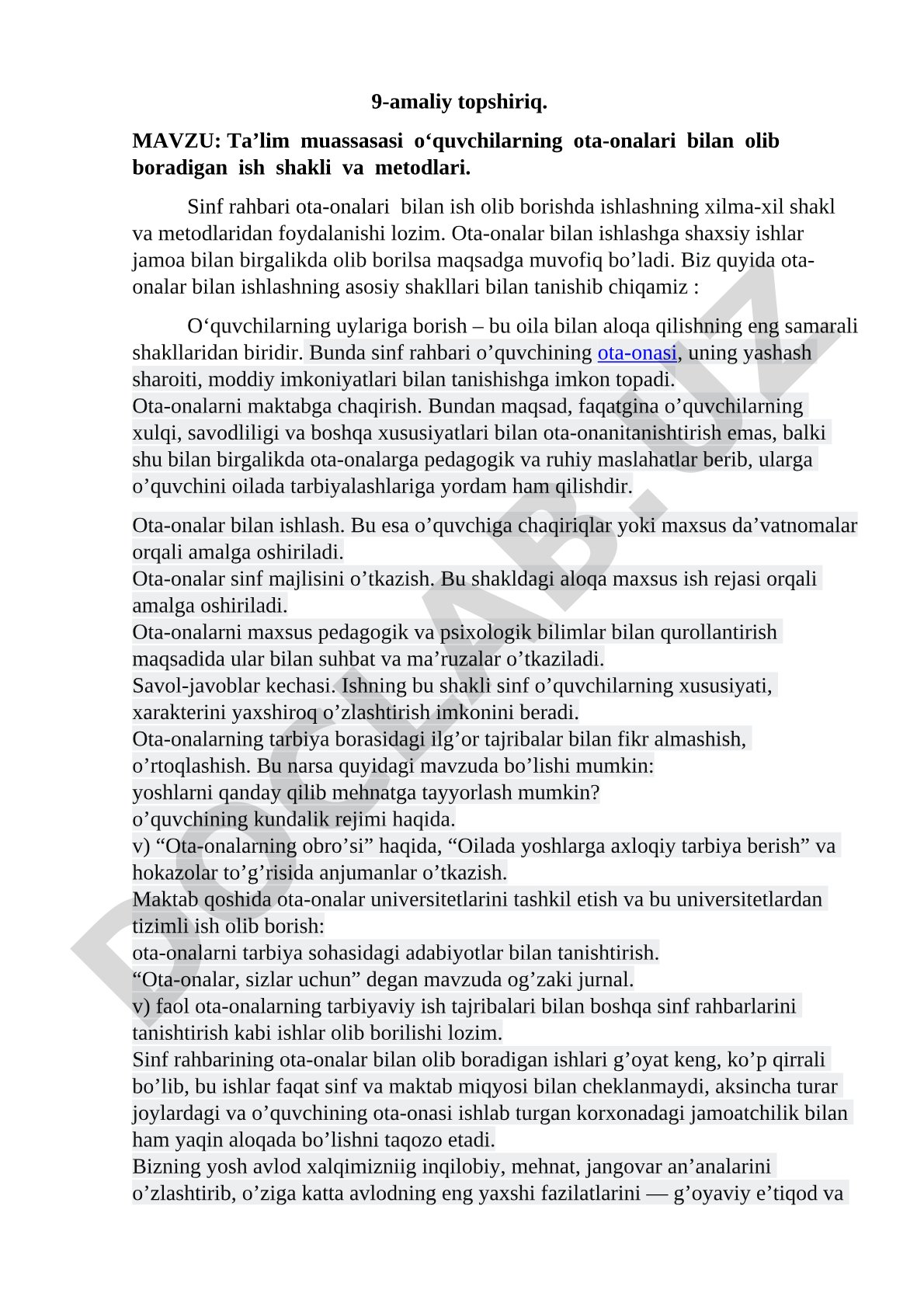 Ta’lim muassasasi o‘quvchilarning ota-onalari bilan olib boradigan ish shakli va metodlari
