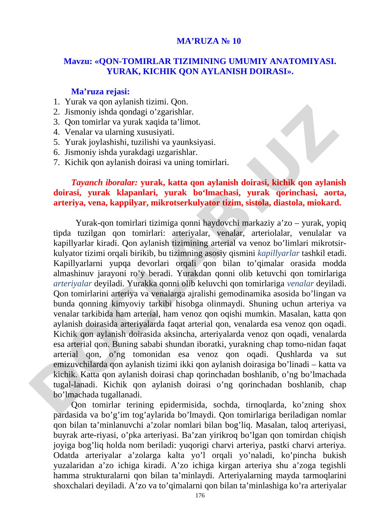 QON-TOMIRLAR TIZIMINING UMUMIY ANATOMIYASI. YURAK, KICHIK QON AYLANISH DOIRASI