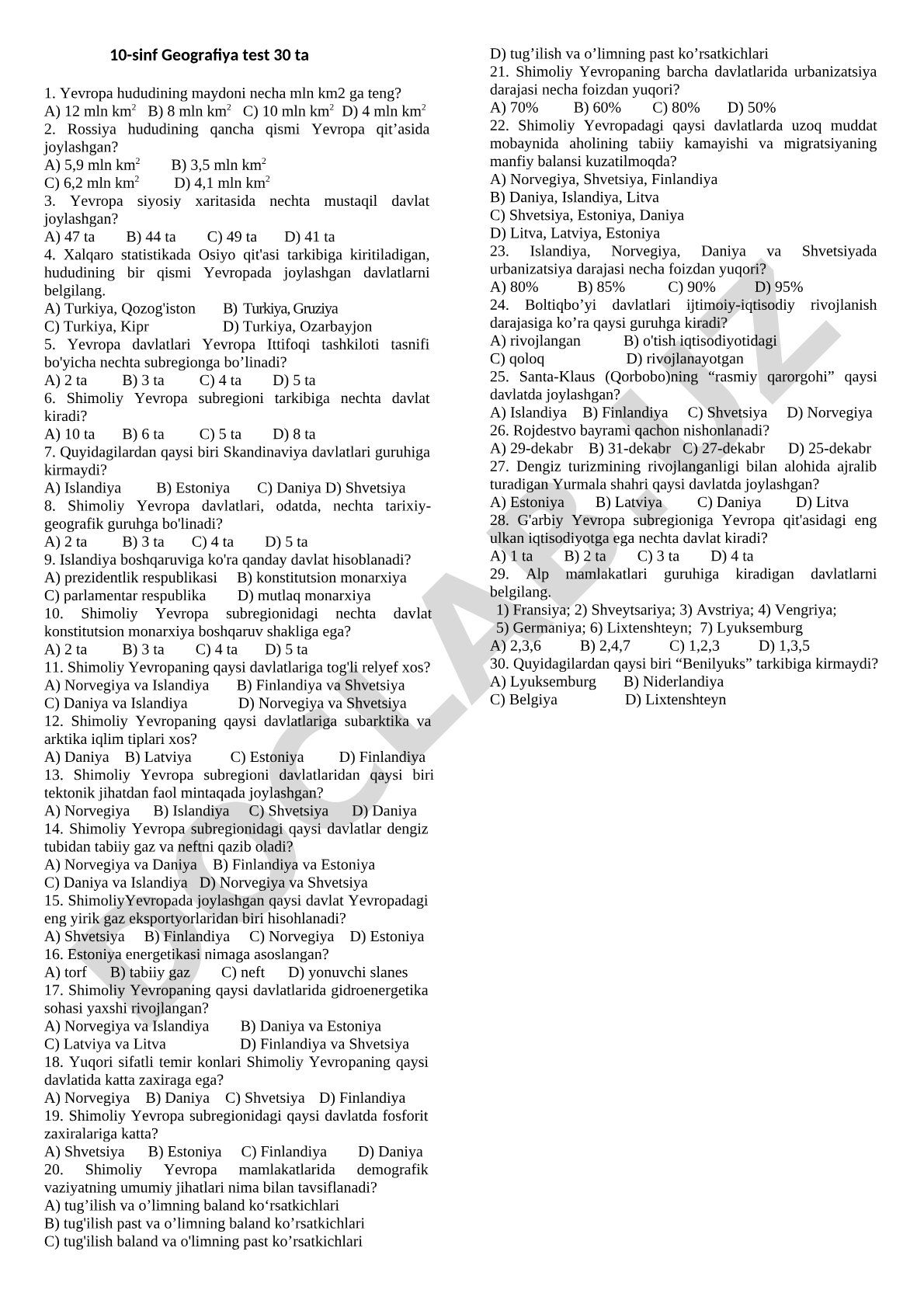 10-sinf Geografiya test 30 ta
