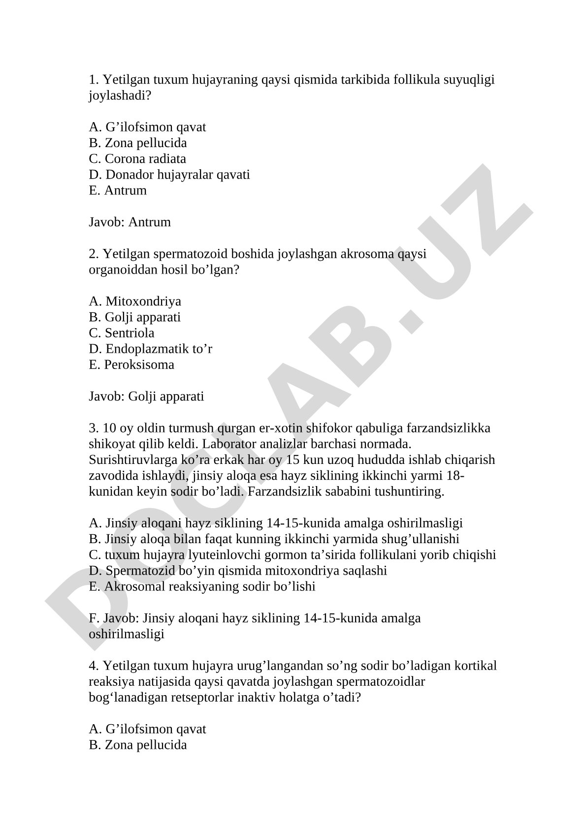 Reproduktiv biologiya test savollari