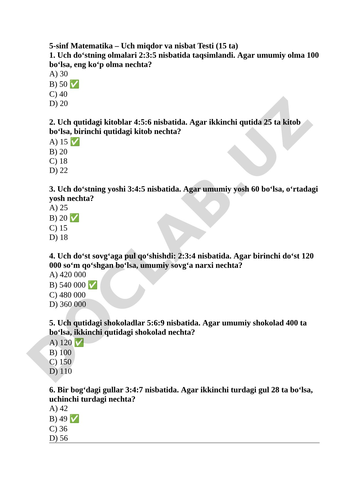 5-sinf Matematika – Uch miqdor va nisbat Testi