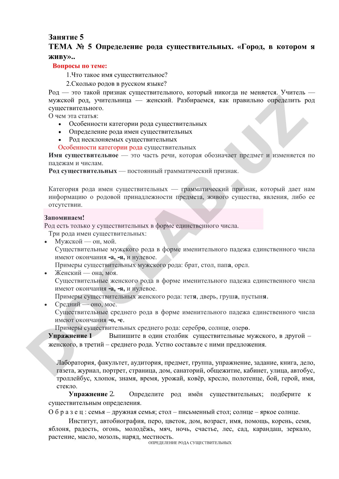 Определение рода существительных. Город, в котором я живу