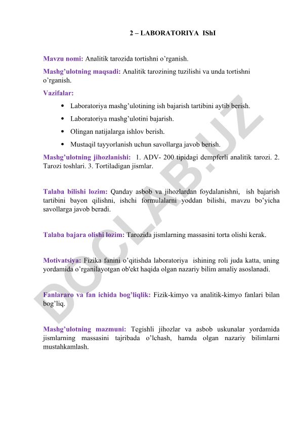 Analitik tarozida tortishni o’rganish