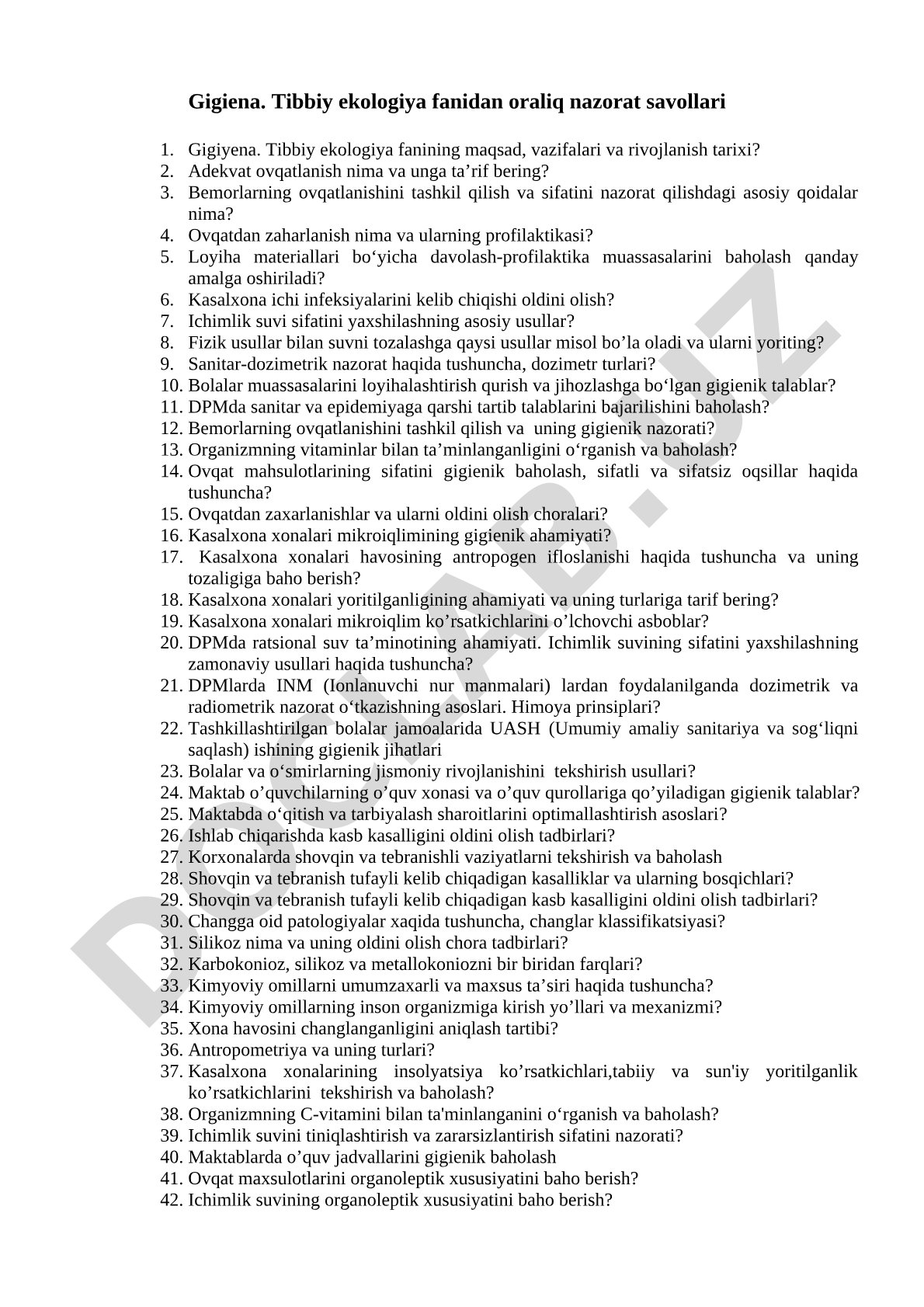Gigiena. Tibbiy ekologiya fanidan oraliq nazorat savollari