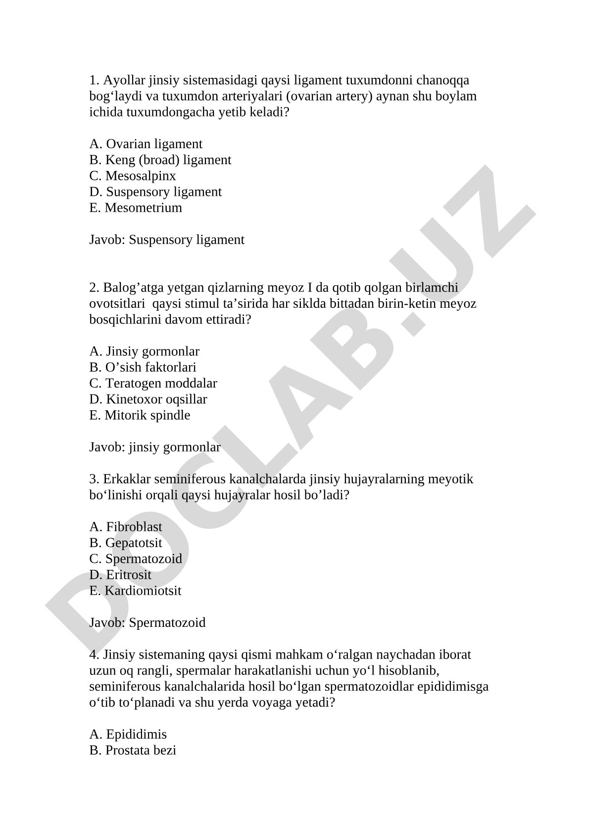Ayollar jinsiy sistemasi va erkaklar jinsiy hujayralari haqida test savollari