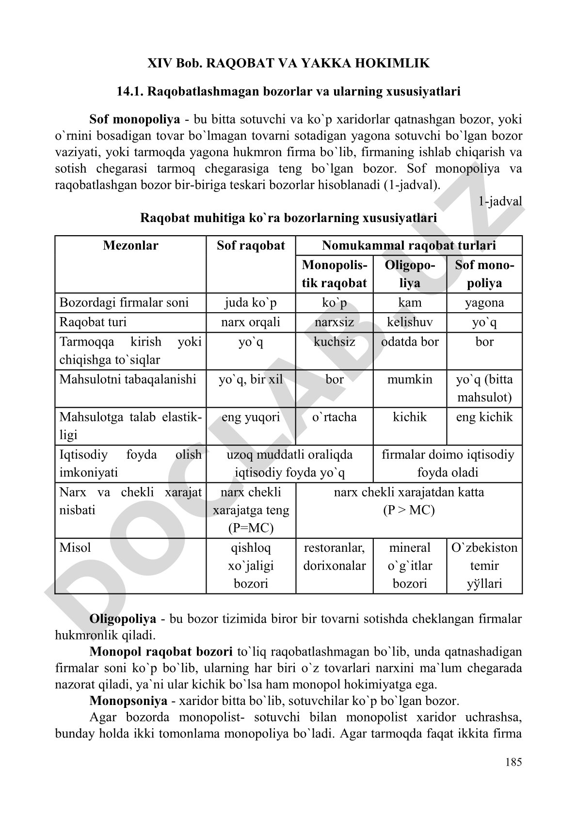 Sof monopoliya va raqobatlashmagan bozorlar