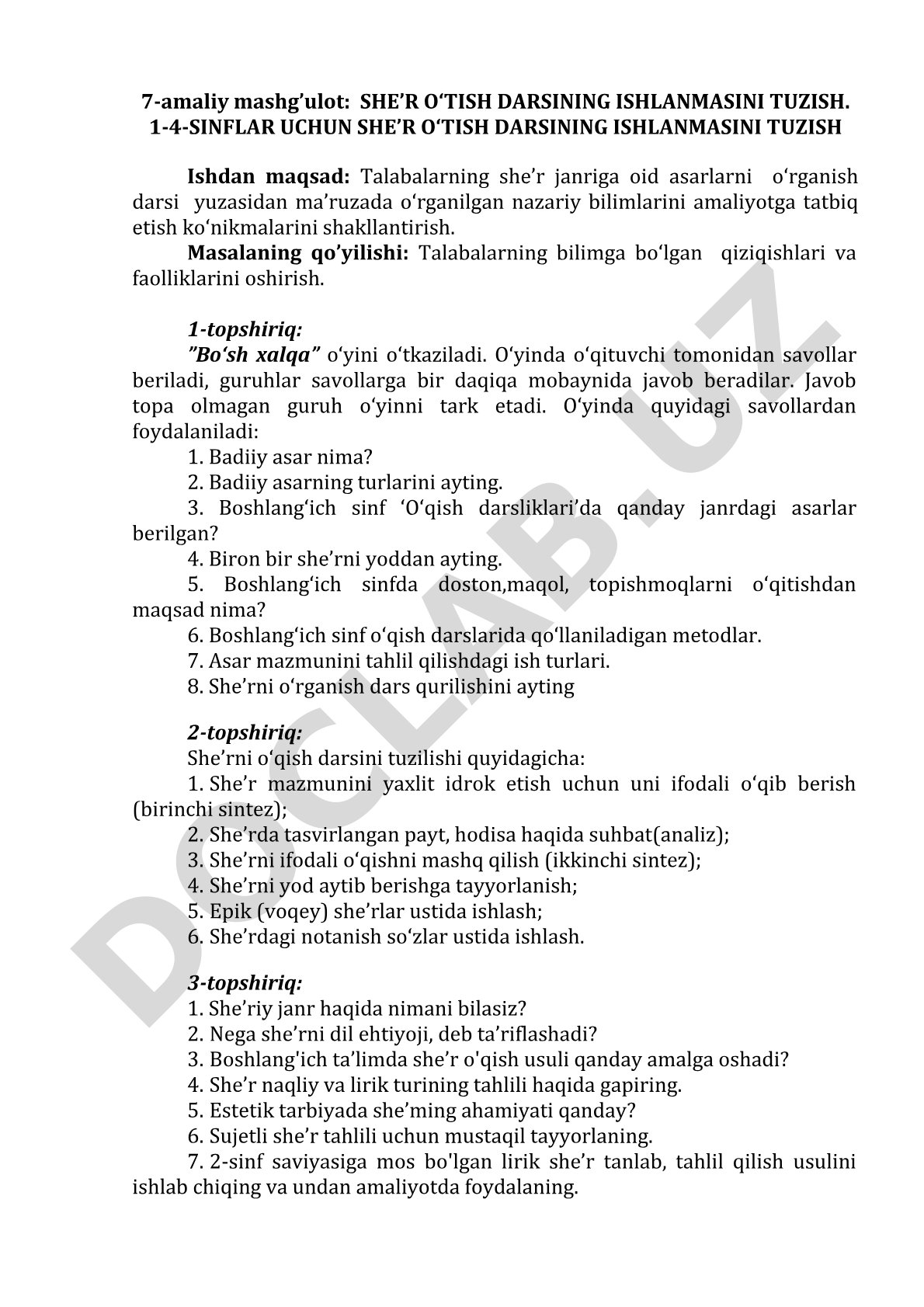 1-4-sinflar uchun she’r o‘tish darsining ishlanmasini tuzish