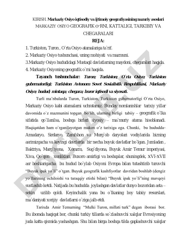 Markaziy Osiyo iqtisodiy va ijtimoiy geografiyasining nazariy asoslari