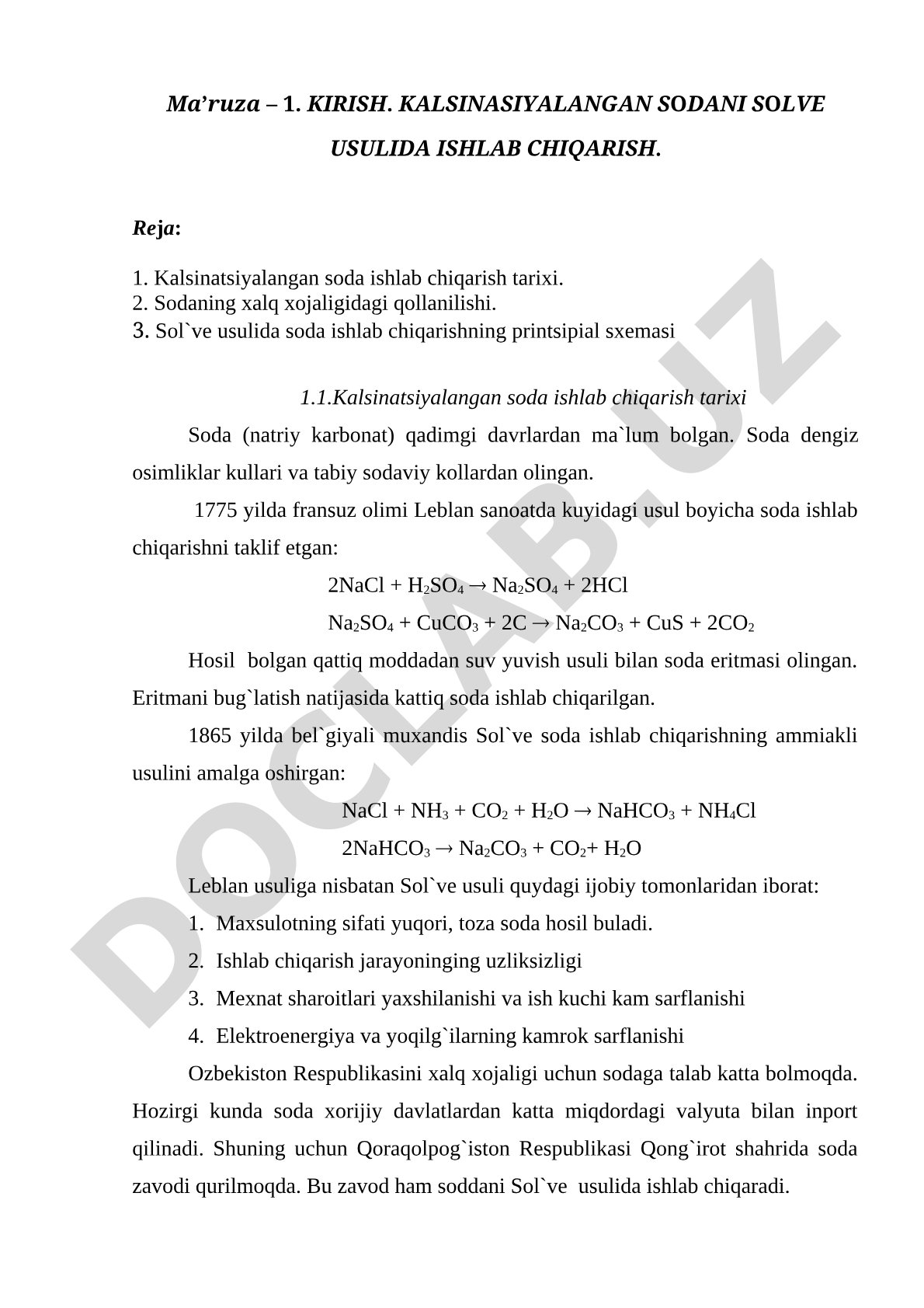 Kalsinasiyalangan sodani Solve usulida ishlab chiqarish