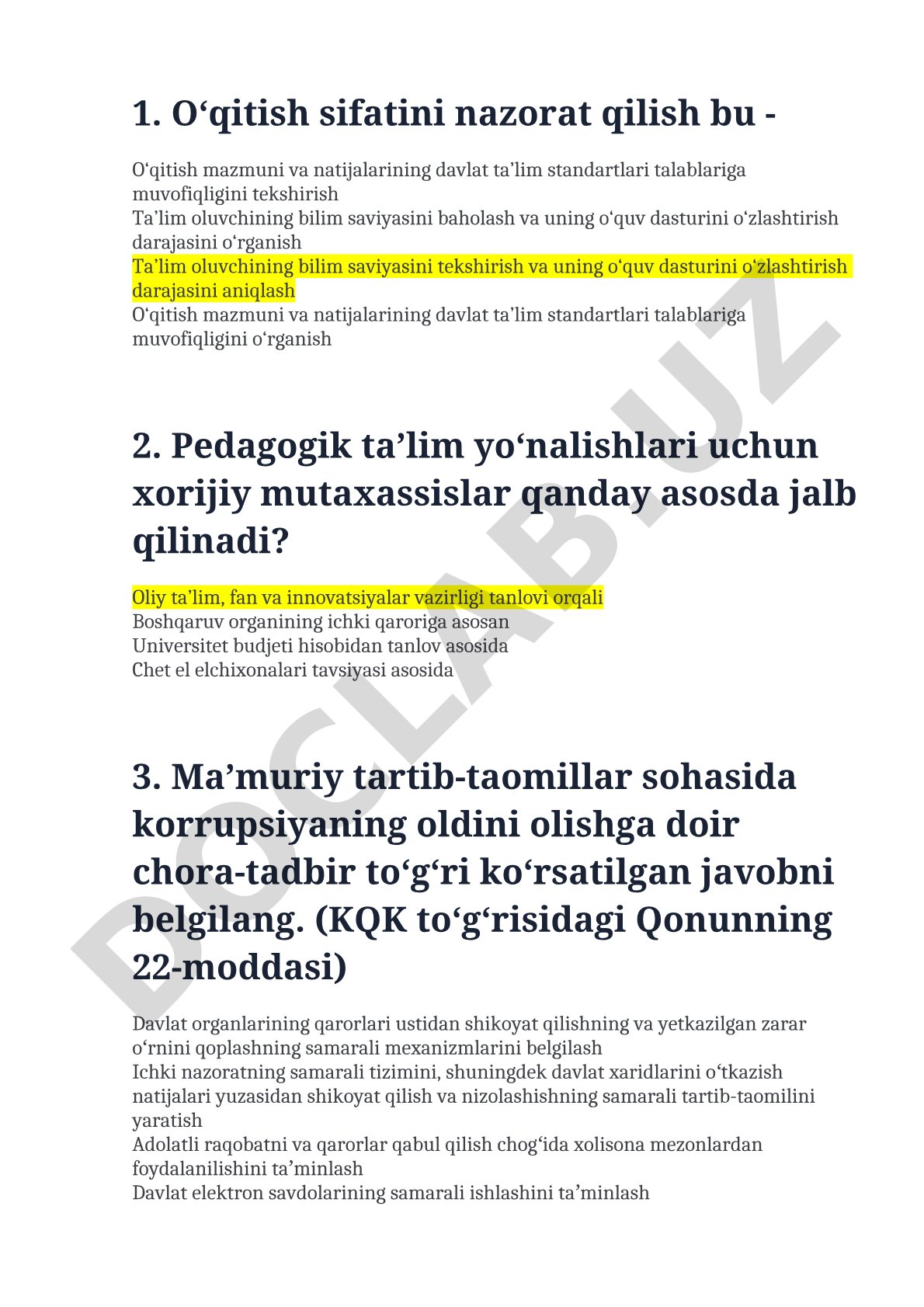 O‘qitish sifatini nazorat qilish va korrupsiyaning oldini olish chora-tadbirlari