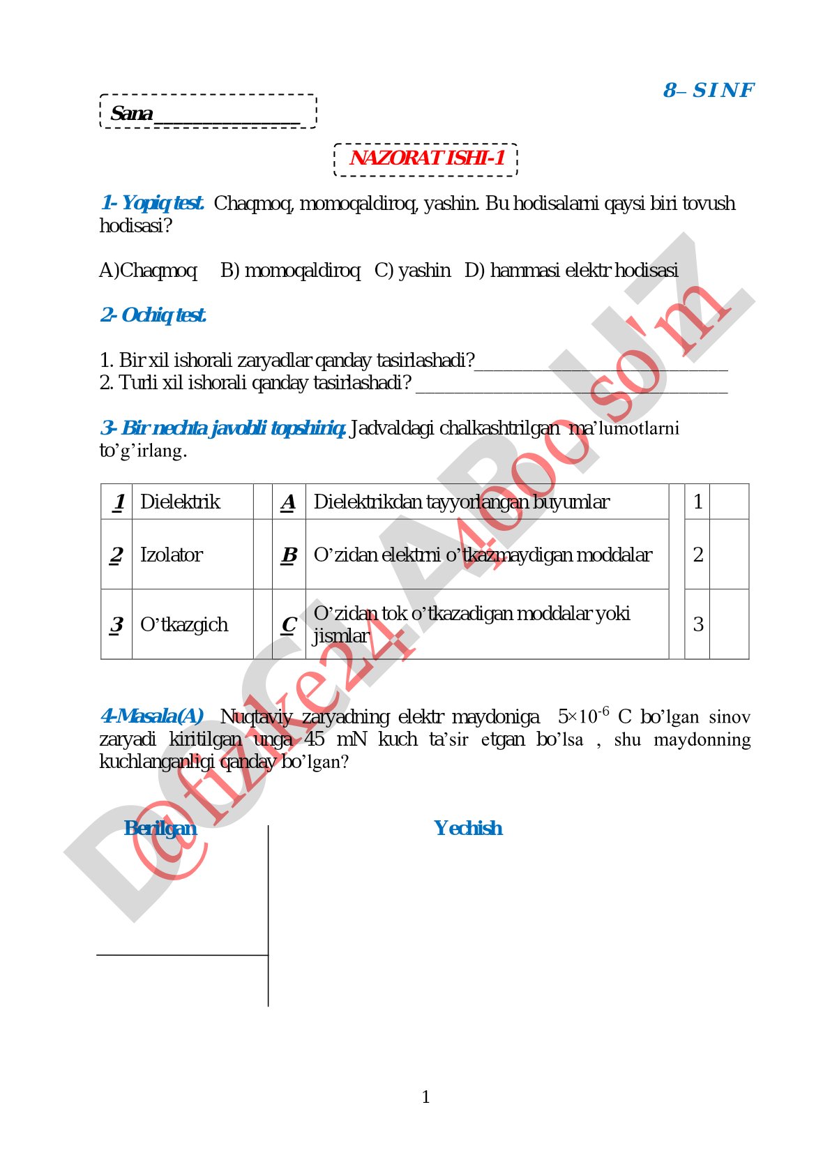 8-sinf elektr hodisalari va elektr zanjiri nazorat ishi