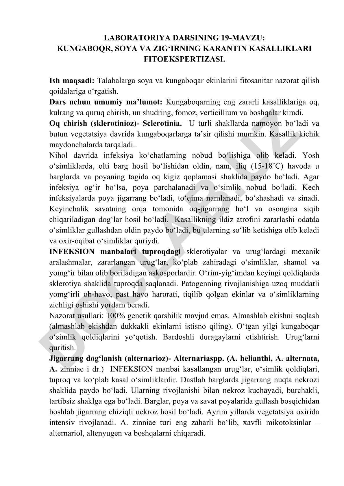 Kungaboqar, soya va zig‘irning karantin kasalliklari fitoekspertizasi