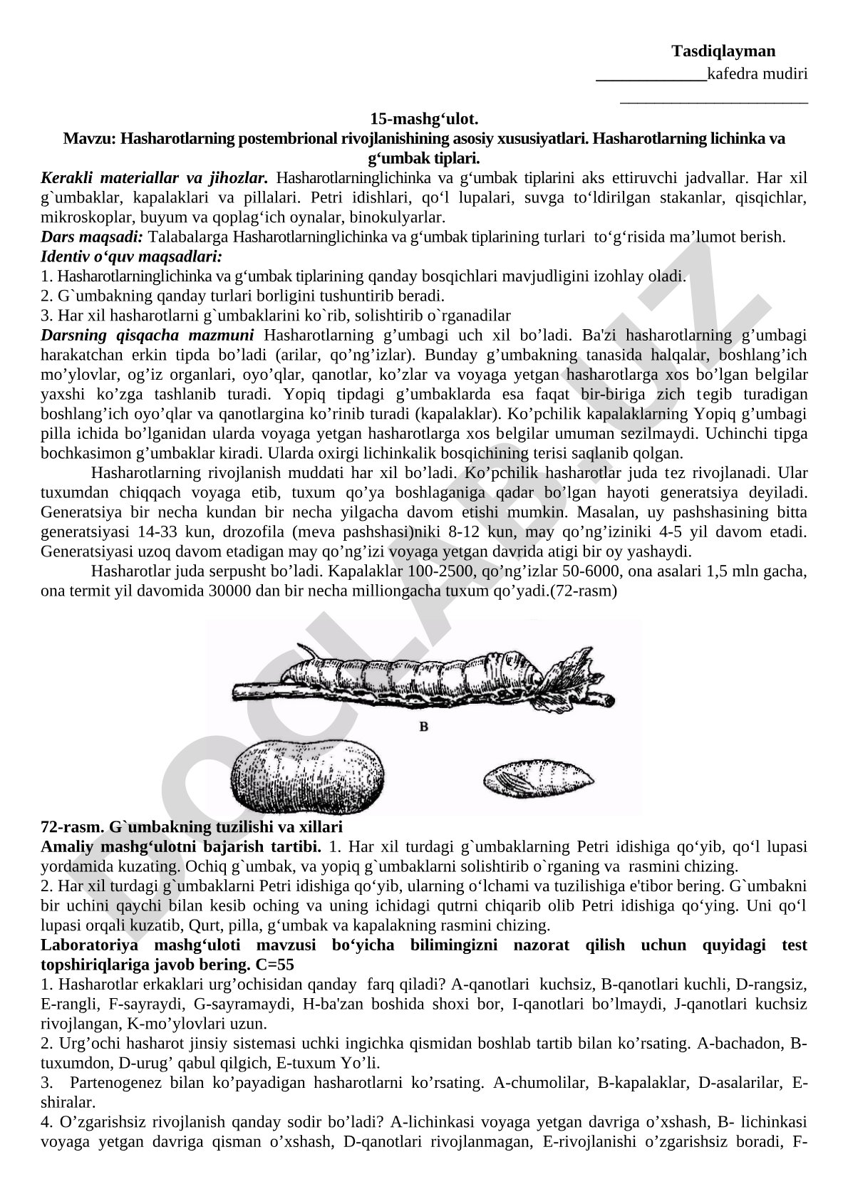 Hasharotlarning postembrional rivojlanishining asosiy xususiyatlari. Hasharotlarning lichinka va g‘umbak tiplari