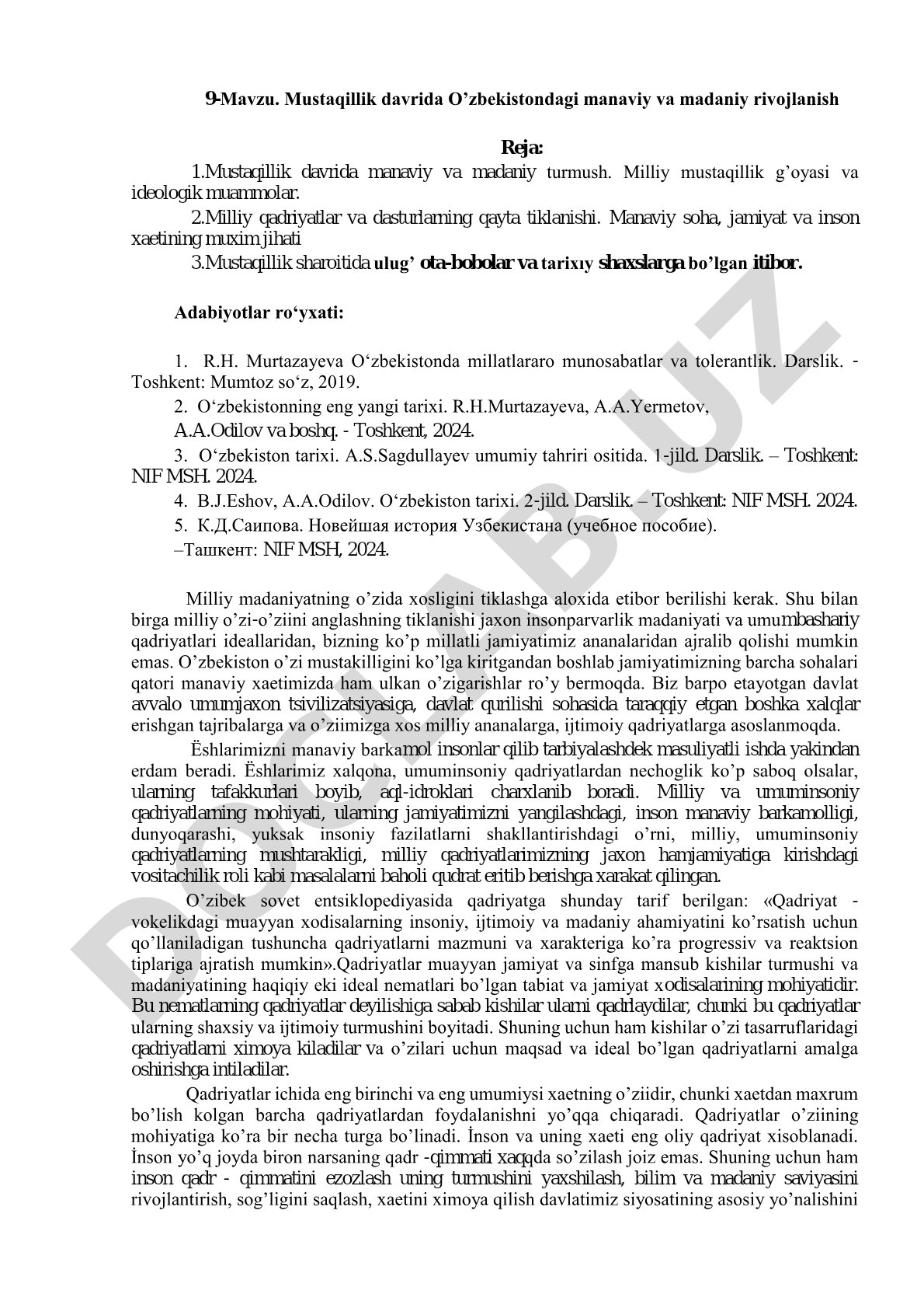 Mustaqillik davrida O'zbekistondagi ma'naviy va madaniy rivojlanish