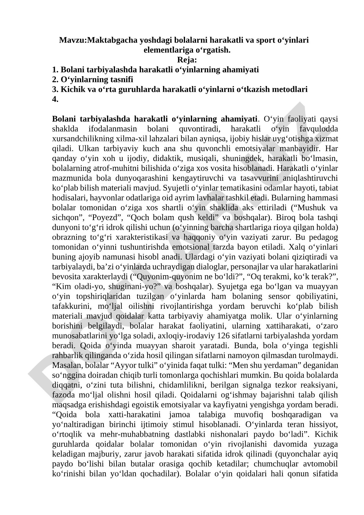Maktabgacha yoshdagi bolalarni harakatli va sport o'yinlari elementlariga o'rgatish