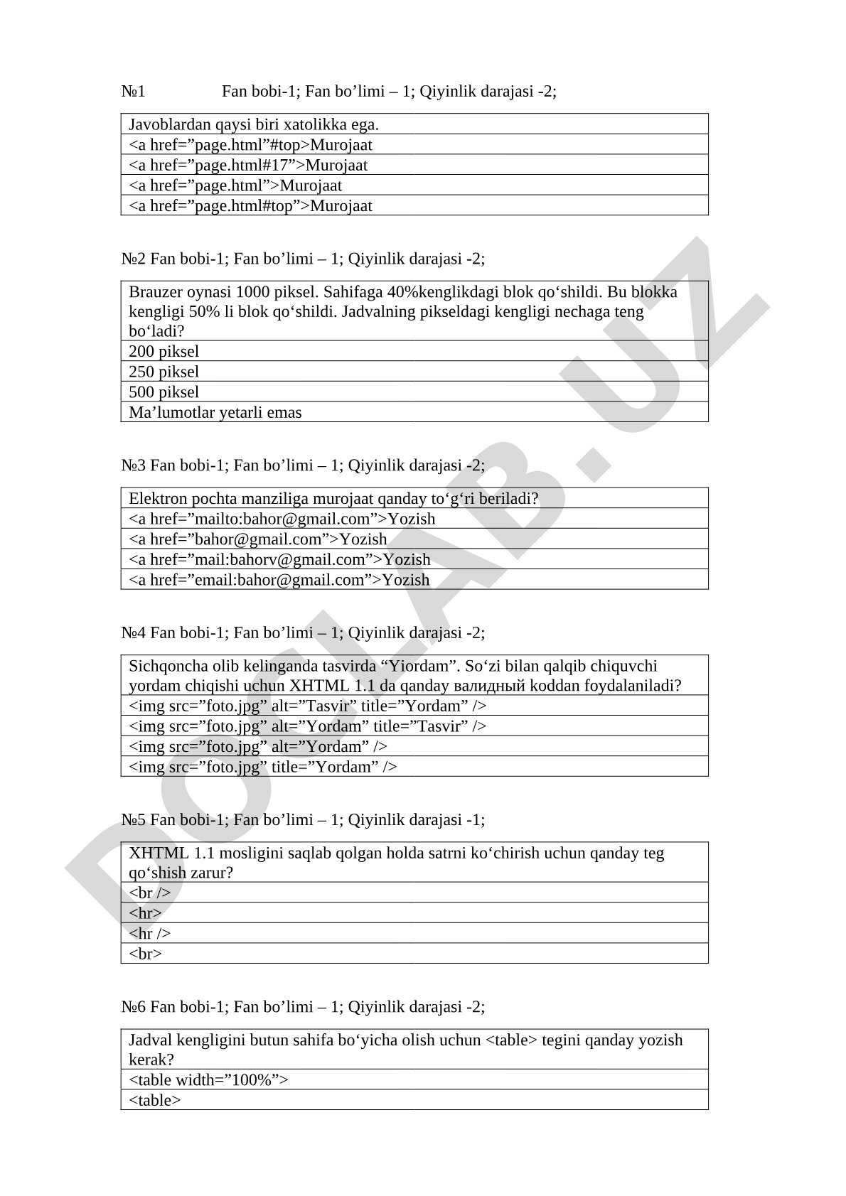 XHTML va HTML test savollari
