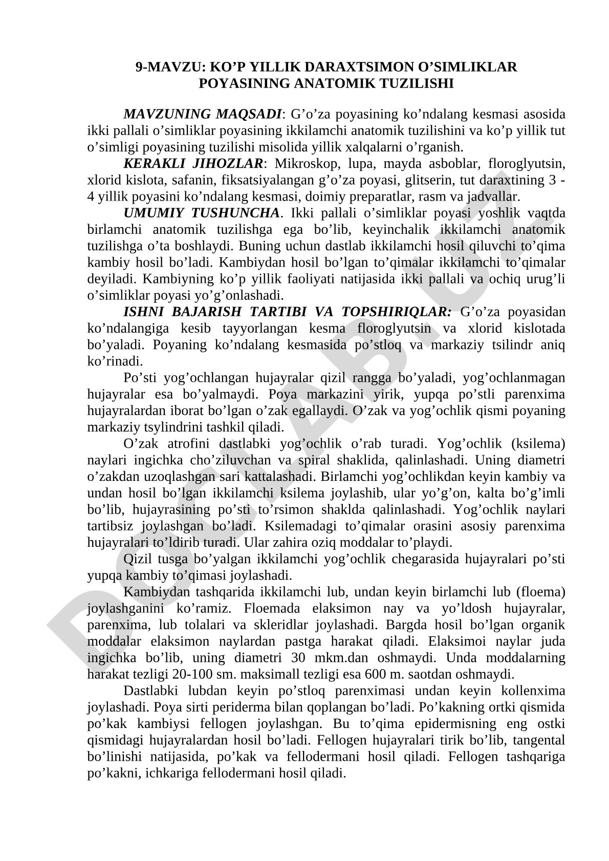Ko'p yillik daraxtsimon o'simliklar poyasining anatomik tuzilishi