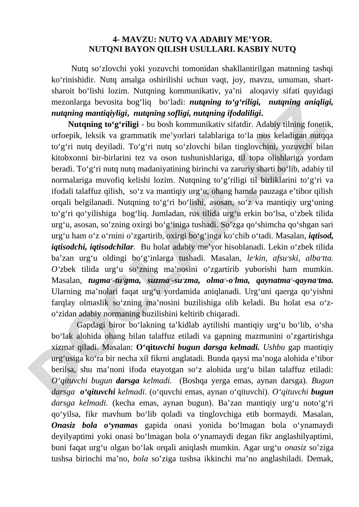 Nutq va adabiy me’yor. Nutqni bayon qilish usullari. Kasbiy nutq