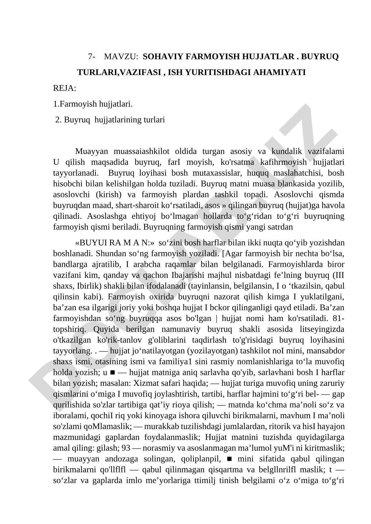 Sohaviy farmoyish hujjatlar. Buyruq turlari, vazifasi, ish yuritishdagi ahamiyati