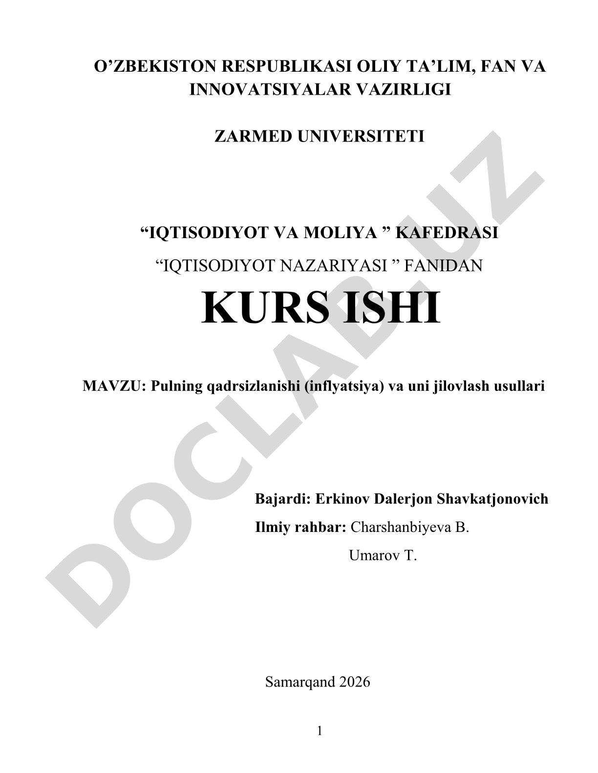 Pulning qadrsizlanishi (inflyatsiya) va uni jilovlash usullari