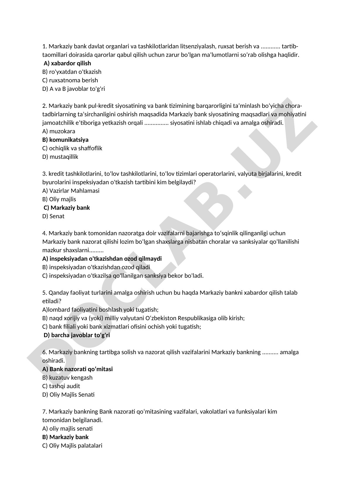 Markaziy bankning vakolatlari va nazorat tartibi