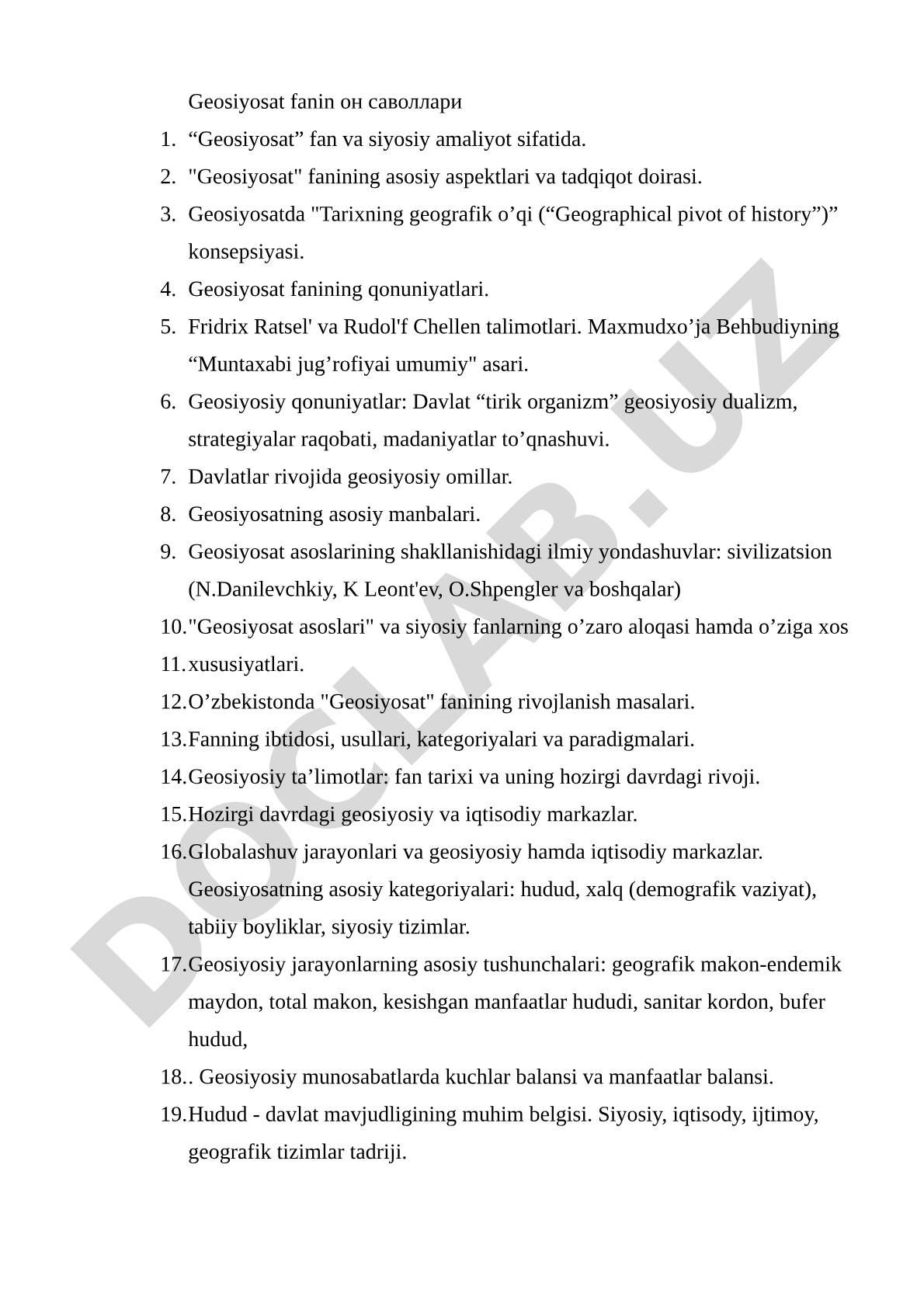 Geosiyosat fanidan savollar