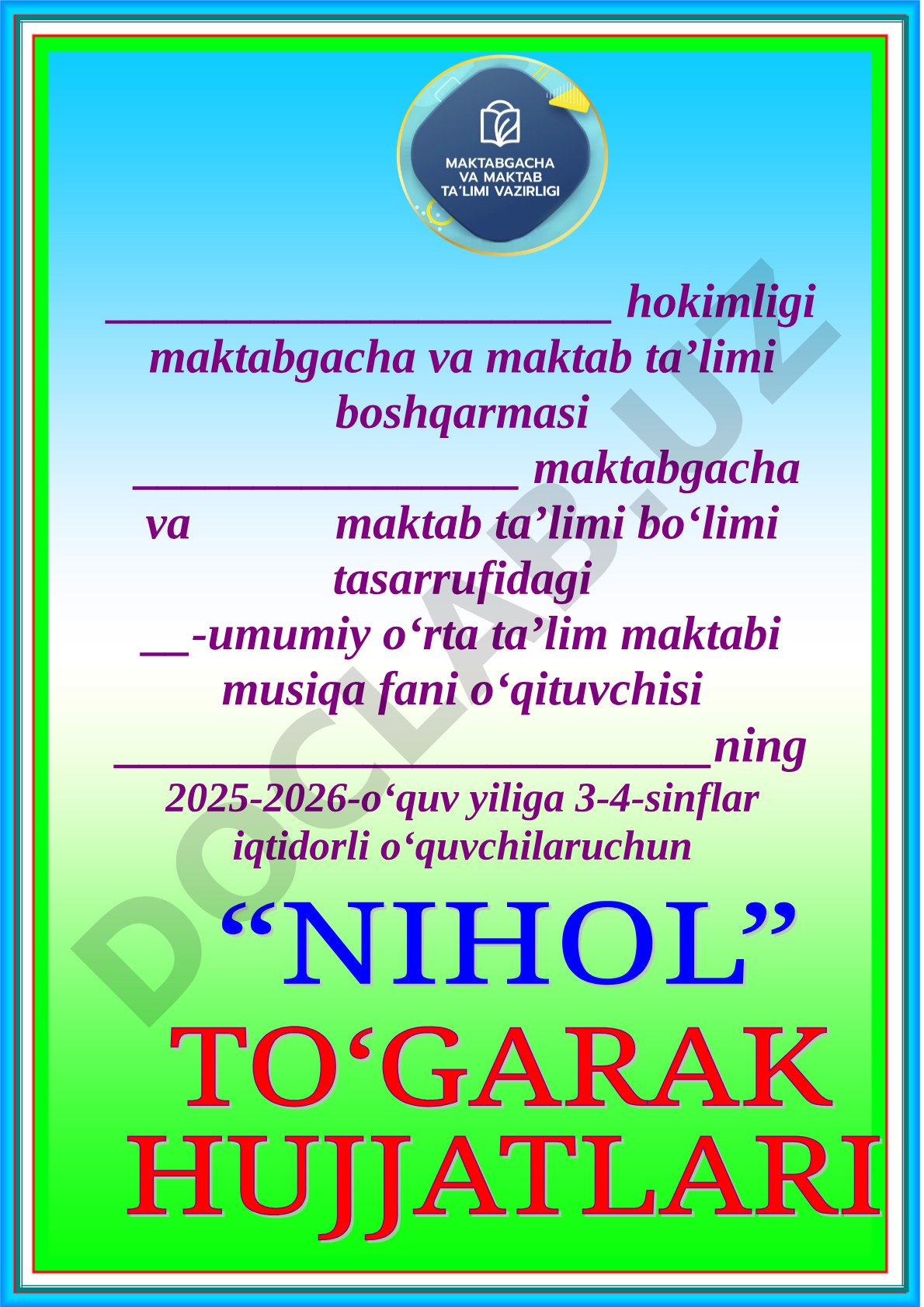 3-4-sinflar uchun musiqa to‘garagi ish rejasi