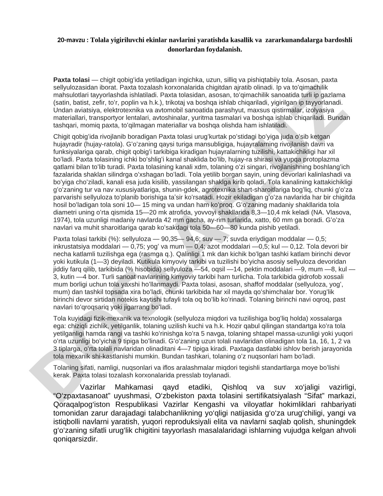 Tolala yigiriluvchi ekinlar navlarini yaratishda kasallik va zararkunandalarga bardoshli donorlardan foydalanish
