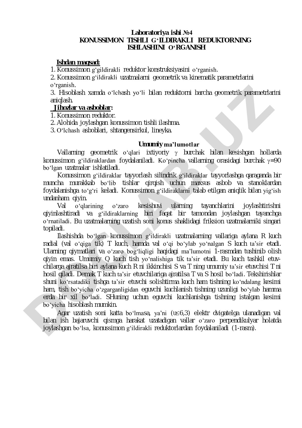 Laboratoriya ishi №4 konussimon tishli g‘ildirakli reduktorning ishlashini o‘rganish