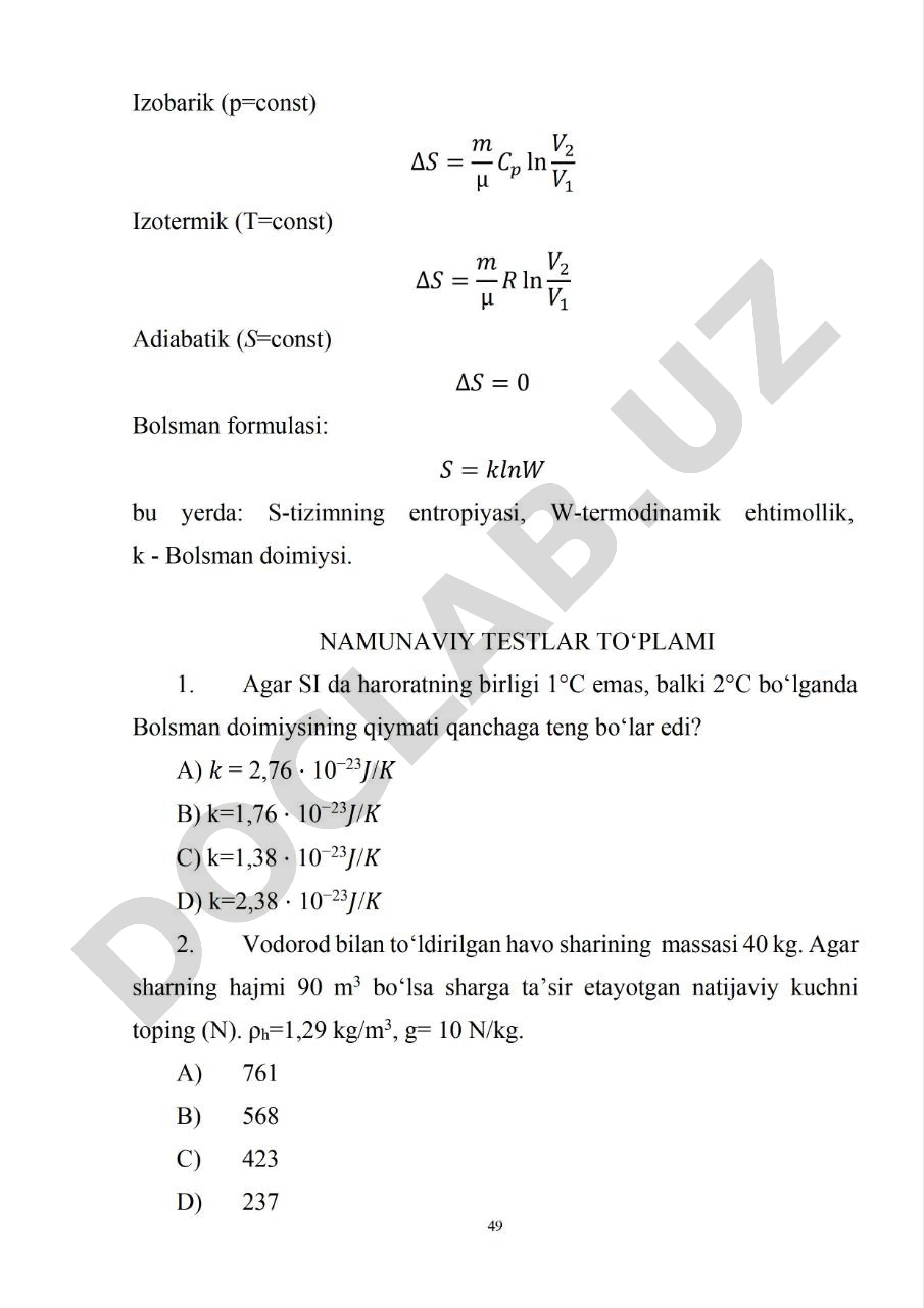 Termodinamika, entropiya va Bolsman formulasi bo'yicha testlar