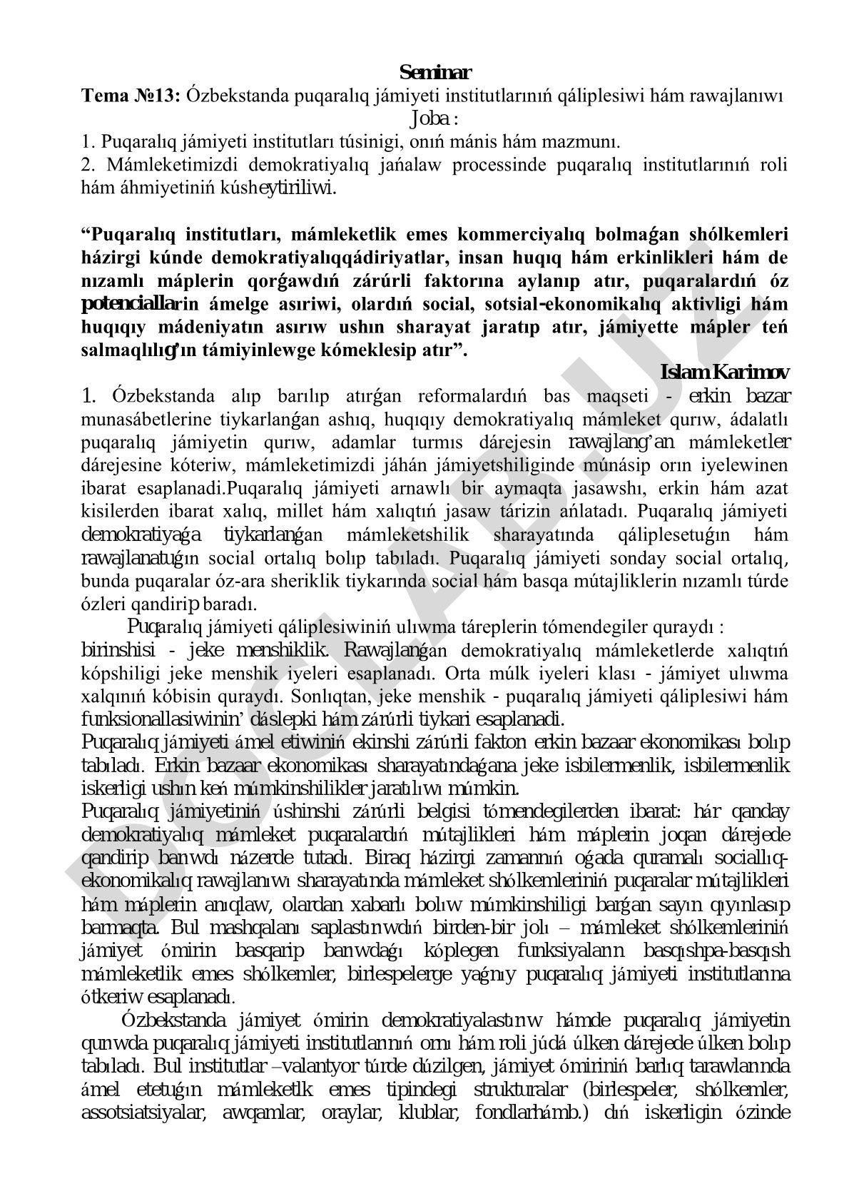 Ózbekstanda puqaralıq jámiyeti institutlarınıń qáliplesiwi hám rawajlanıwı