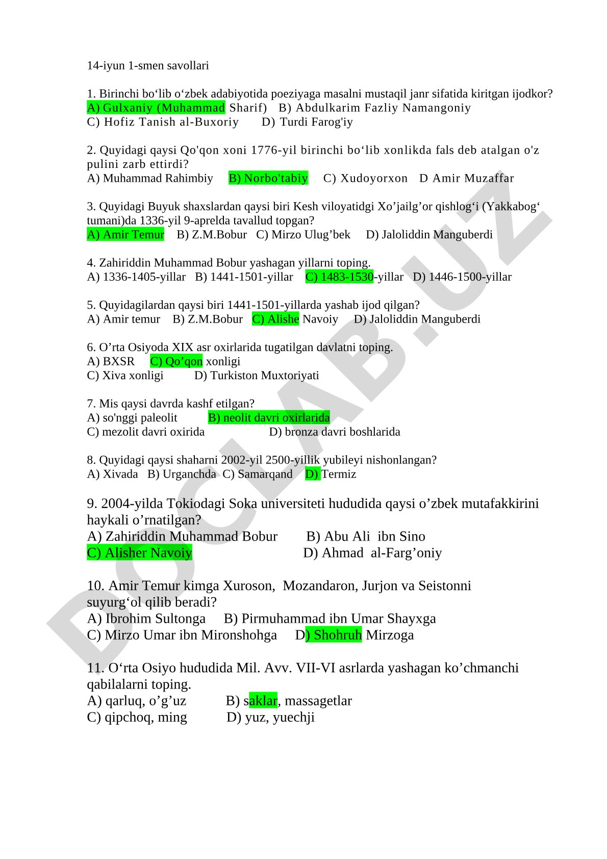 O'zbekiston tarixidan test savollari
