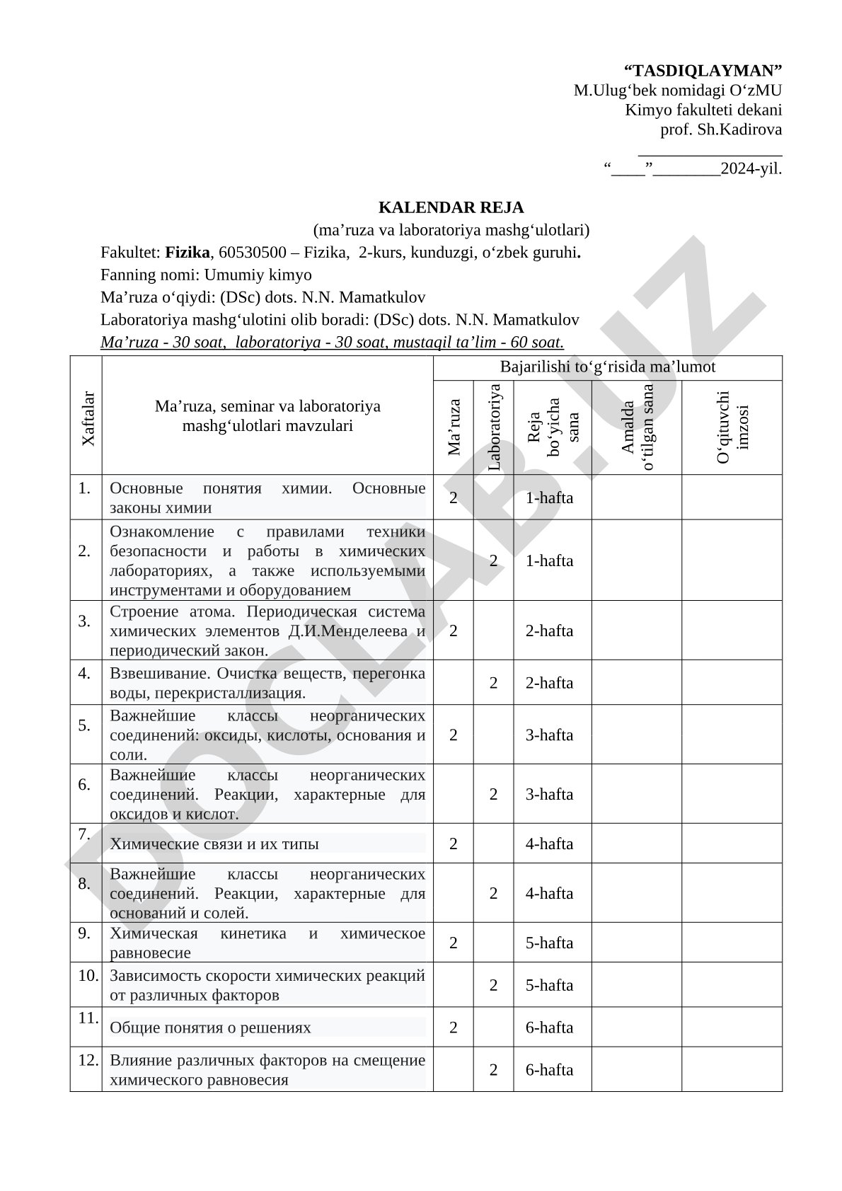 Umumiy kimyo fanidan kalendar reja