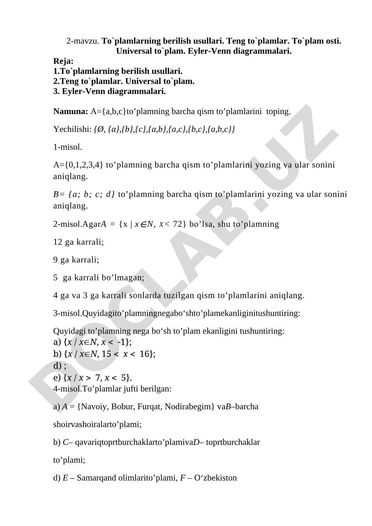 To'plamlarning berilish usullari, teng to'plamlar, to'plam osti, universal to'plam, Eyler-Venn diagrammalari