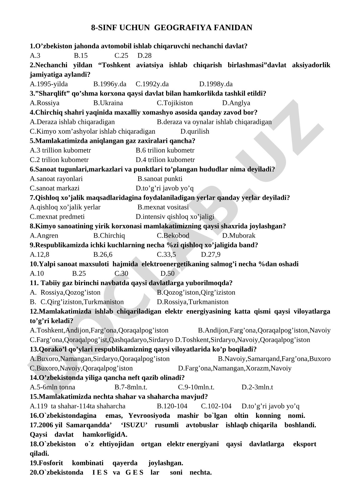 8-sinf geografiya fanidan O'zbekiston bo'yicha test savollari