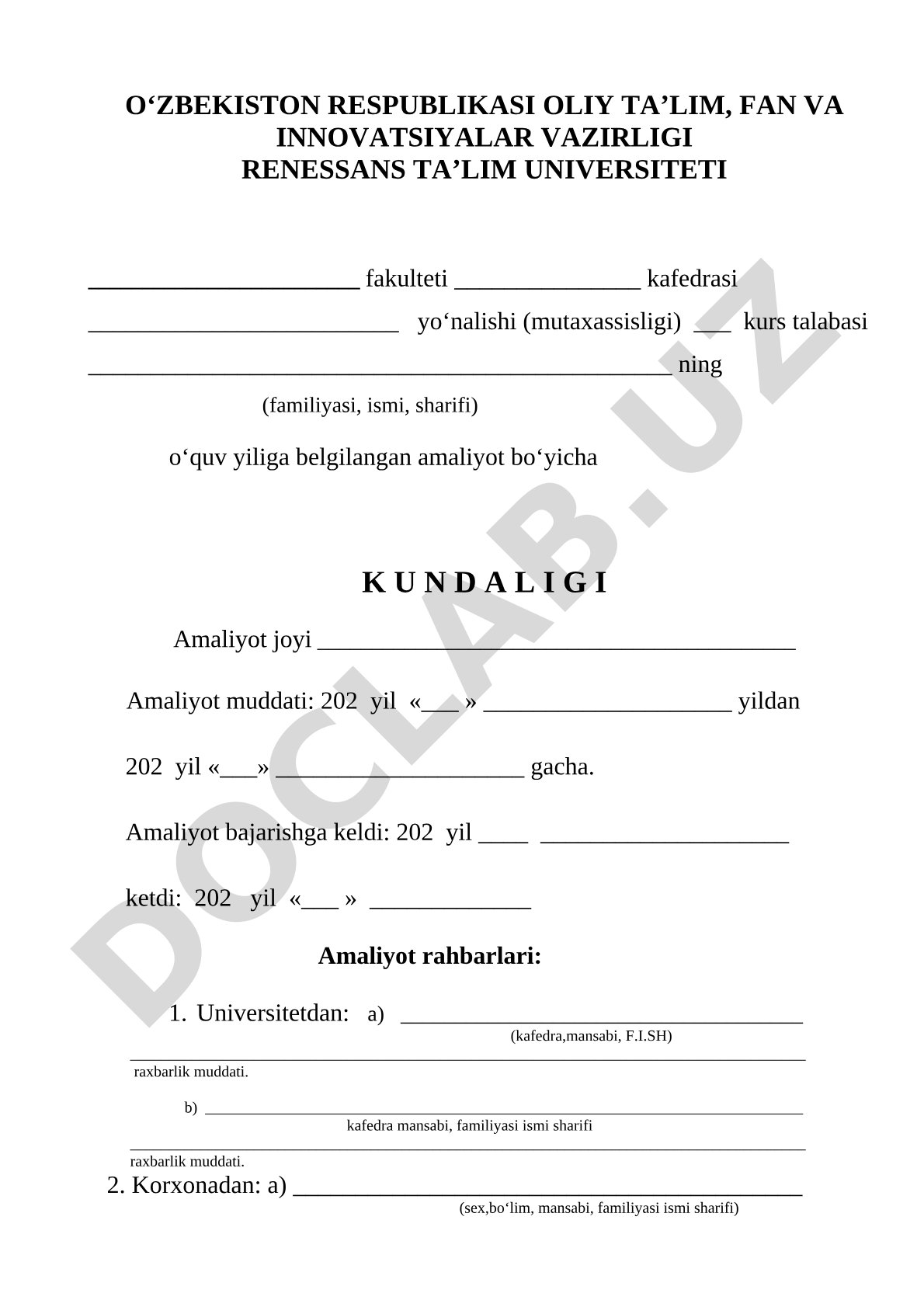 O‘quv amaliyoti kundaligi