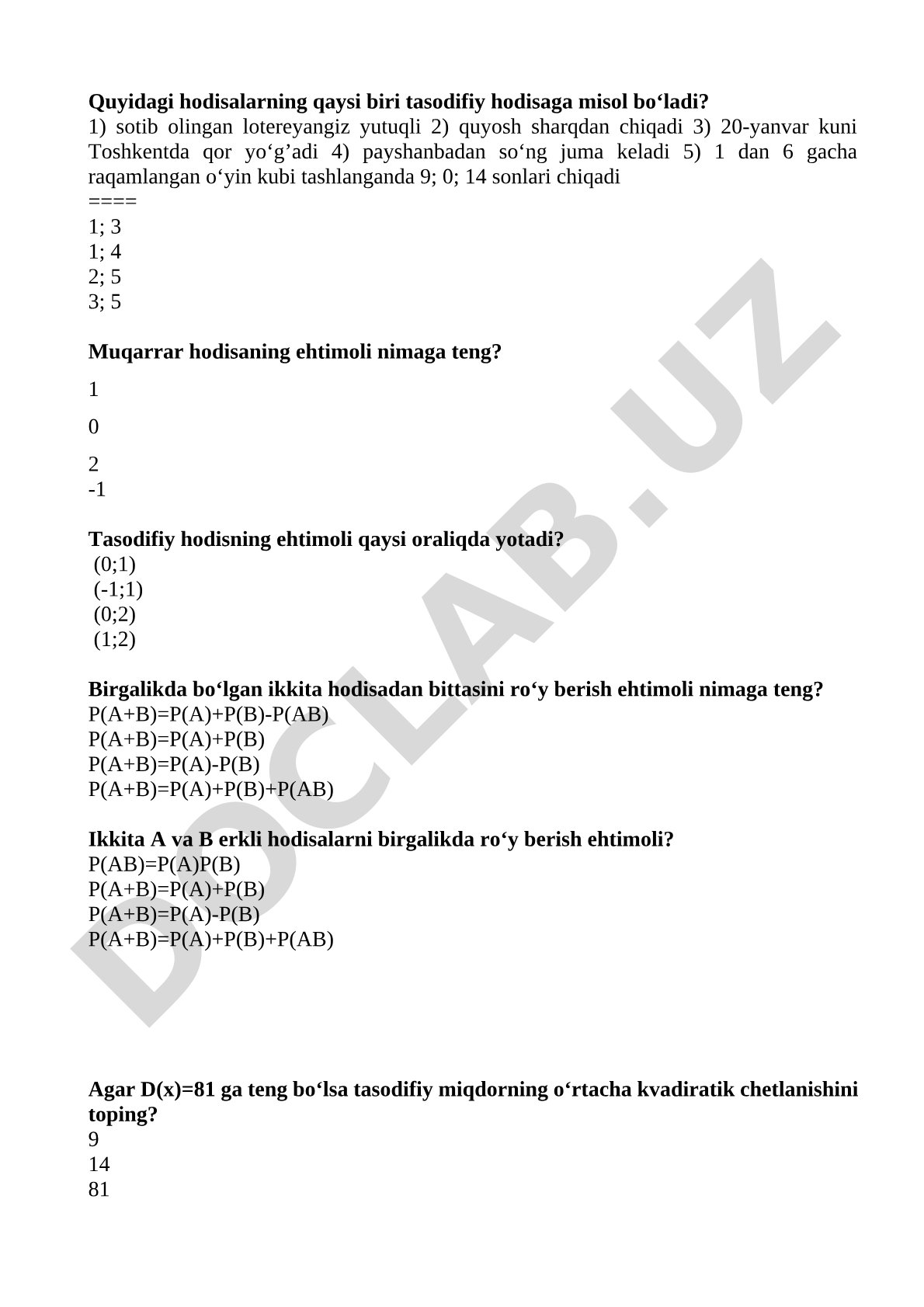 Ehtimollar nazariyasiga oid test savollari