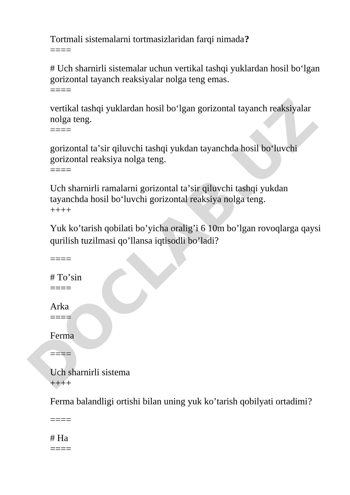Qurilish mekanikasi bo'yicha test savollari