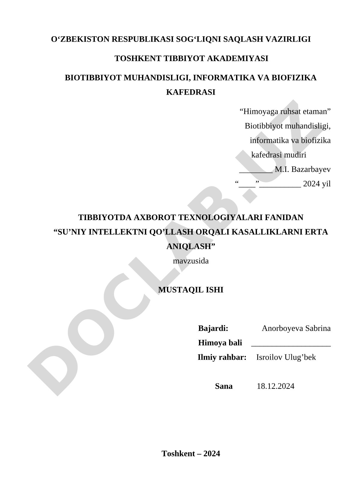 Su’niy intellektni qo’llash orqali kasalliklarni erta aniqlash