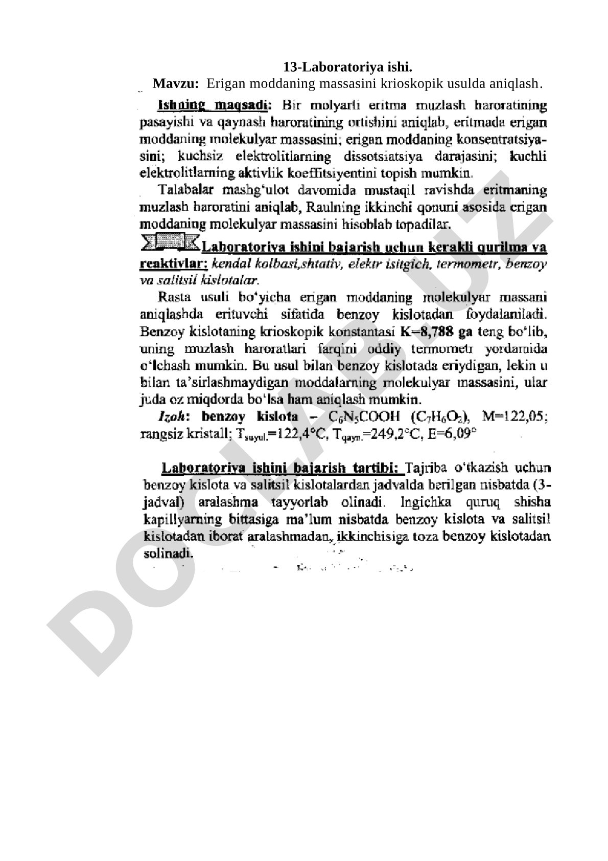 Erigan moddaning massasini krioskopik usulda aniqlash