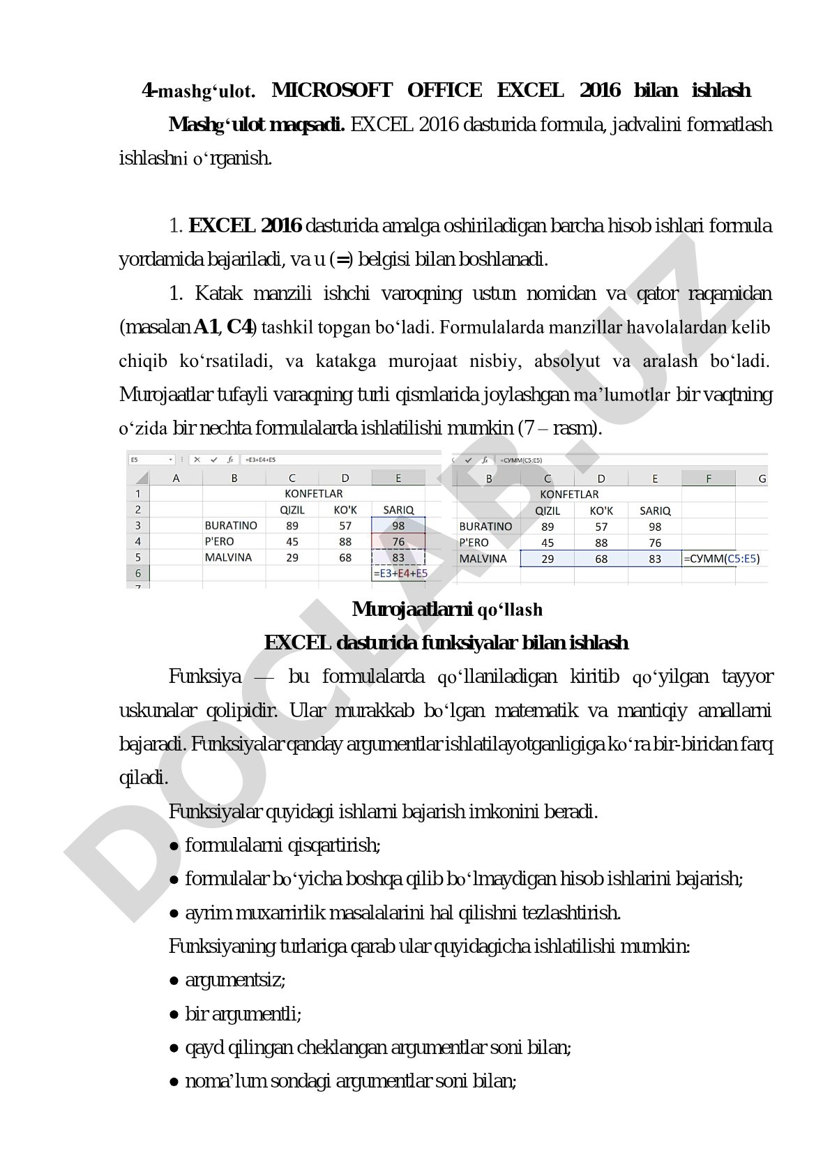 Excel 2016 da formulalar va funksiyalar bilan ishlash