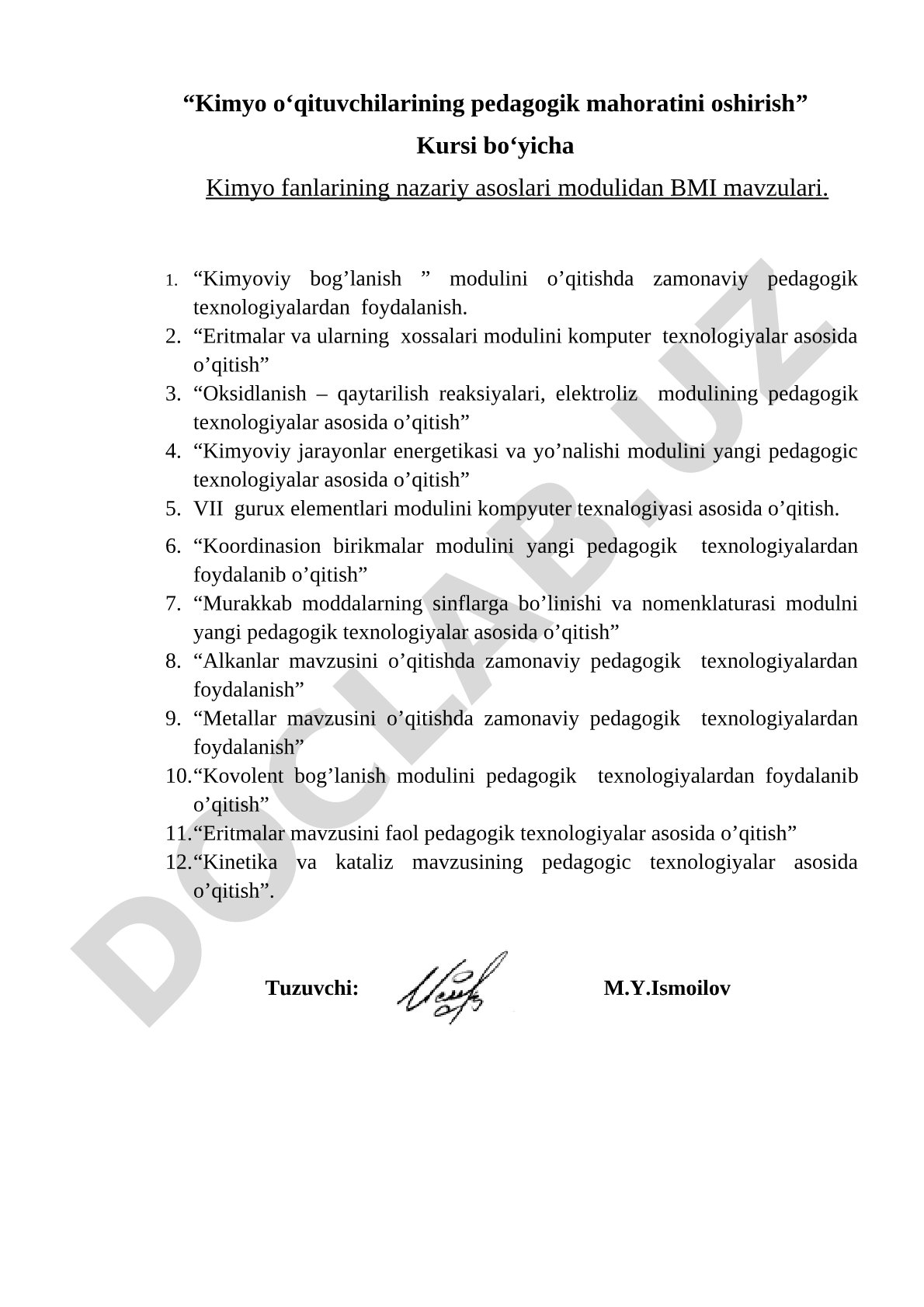 Kimyo fanlarining nazariy asoslari modulidan BMI mavzulari