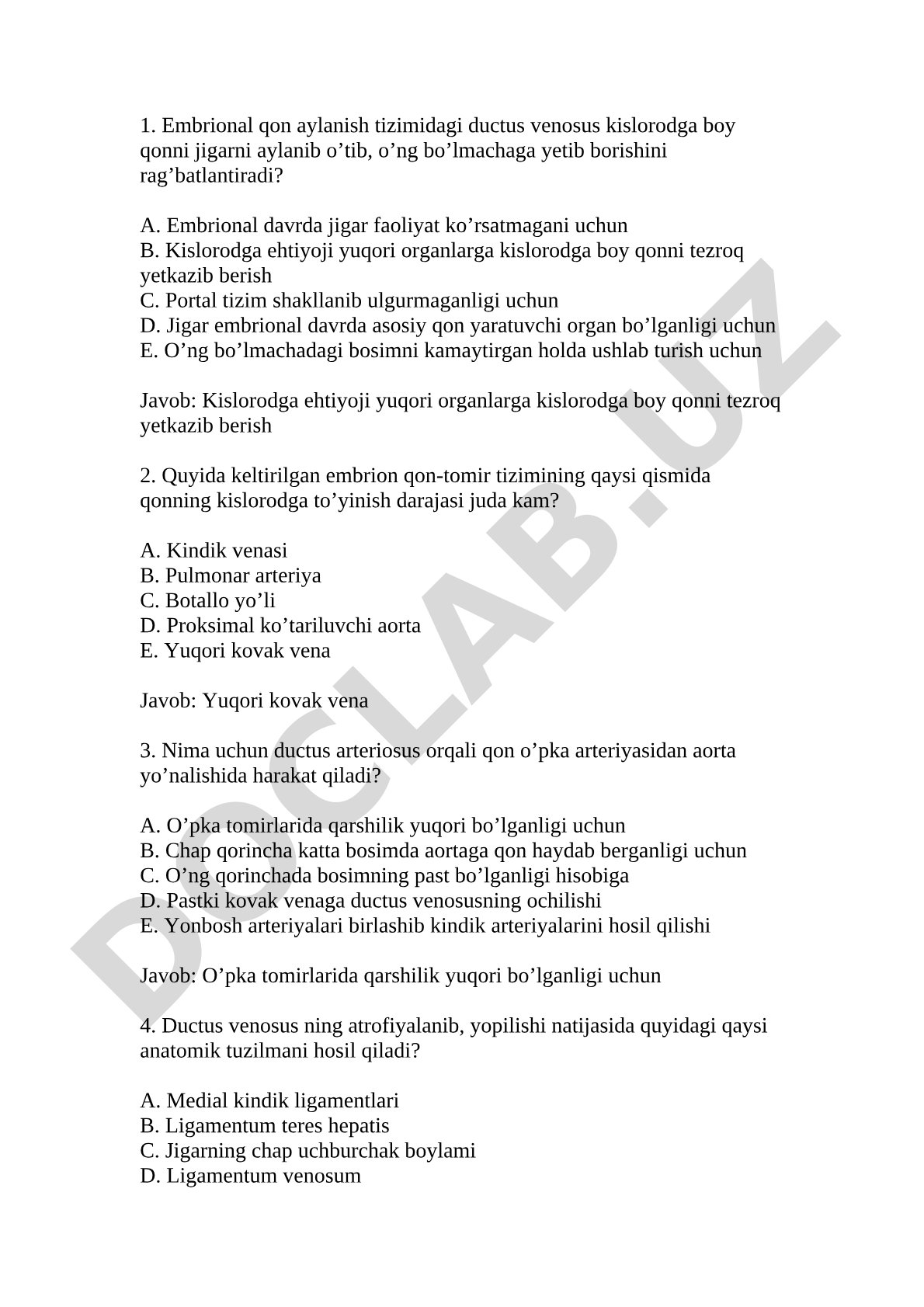 Embrional qon aylanish tizimi savollari