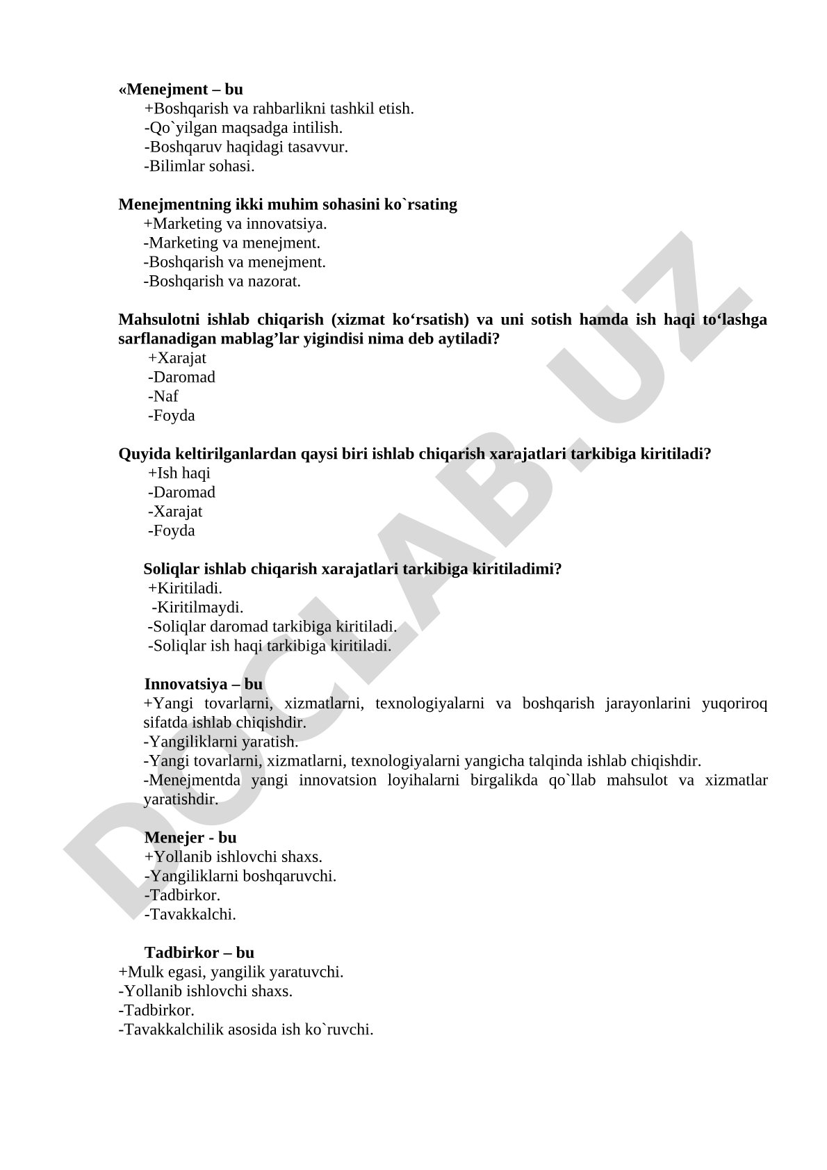 Menejment test savollari