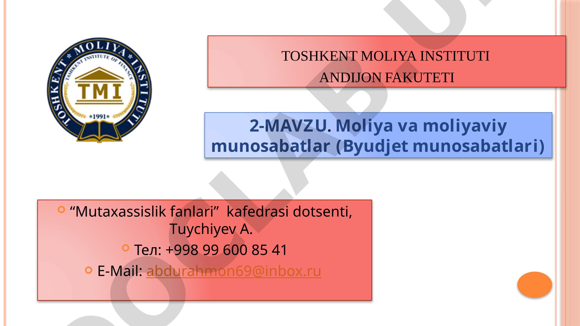 Moliya va moliyaviy munosabatlar (Byudjet munosabatlari)