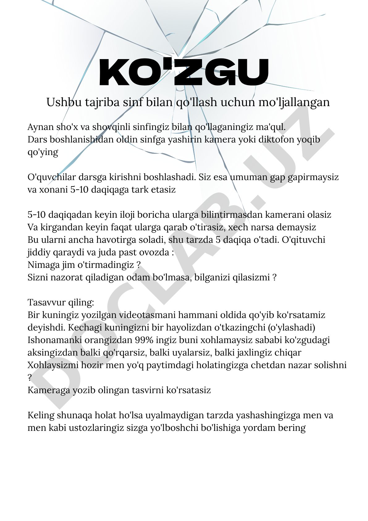 Ko'zgu tajribasini sinfda qo'llash metodikasi